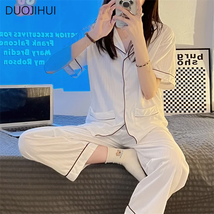 DUOJIHUI Two Piece Simple Casual Home Pajamas for Women Summer Ins Chicly Button Cardigan Basic Pant Fashion Female Pajamas Sets