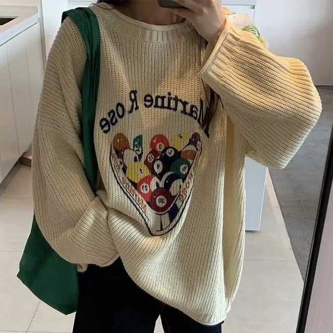 Korean Retro Curling Pullover Autumn Lazy Lovely Sweater Cartoon Pattern Pullover Clothing Korean Fashion Knitting Loose Top