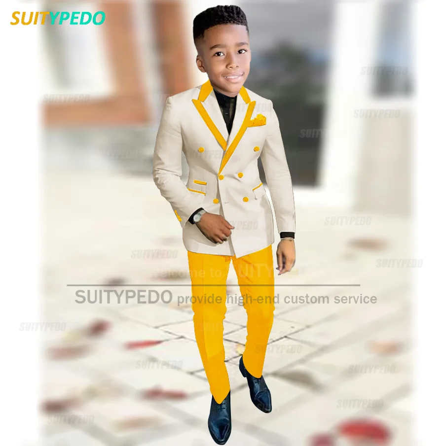 Tailor-made Boys Suit Sets Birthday Party Fashion Double Breasted Outfits Classic Children Slim Fit Beige Blazer Pants 2 Pieces