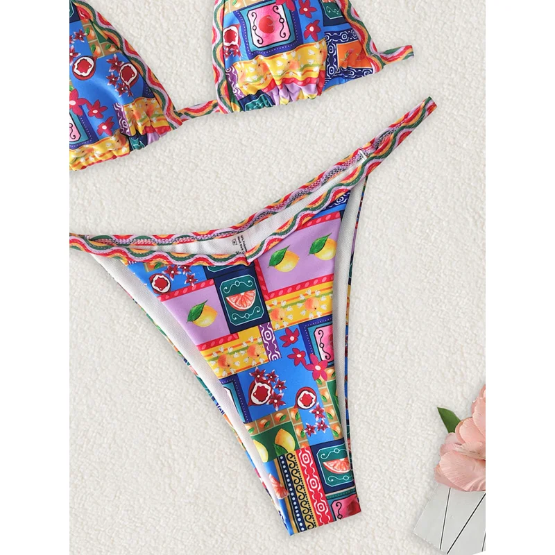 Neue Weiche Tasche Gedruckt Brust Metall Dekoration Dünnen Riemen Neckholder Krawatte Party Bikini Set Sommer Sand