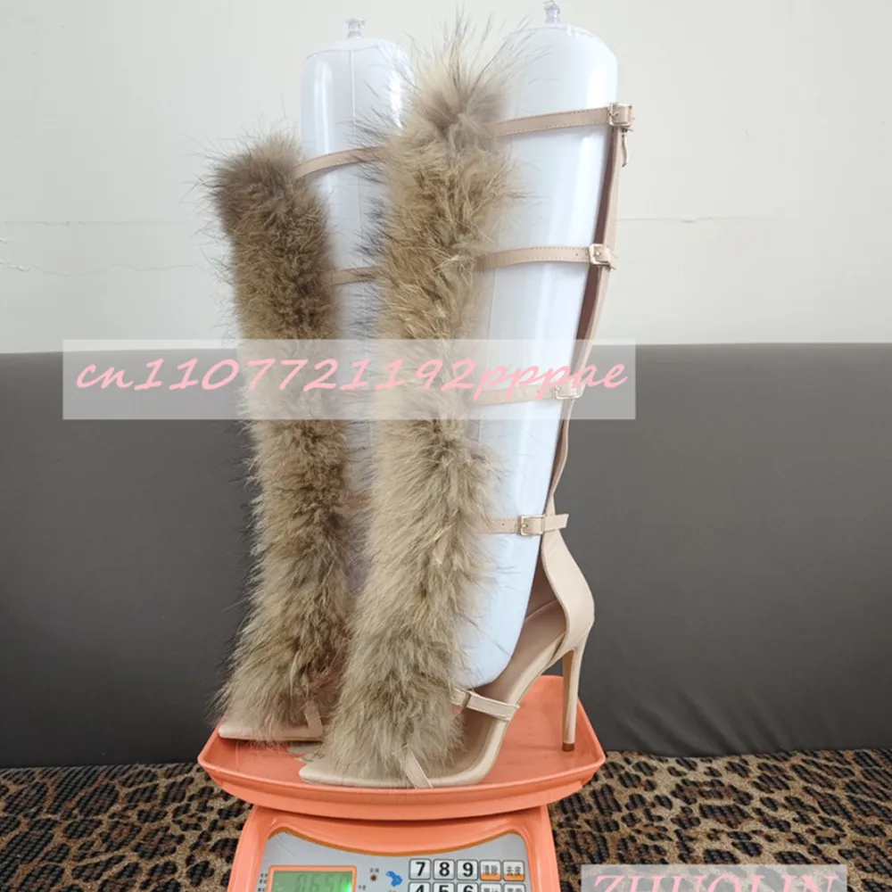 

Women'S Plush Design Belt Buckle High Heels Pointed Toe Stiletto Back Zipper Sandals Summer Party Dress Knee-High Boots Big Size