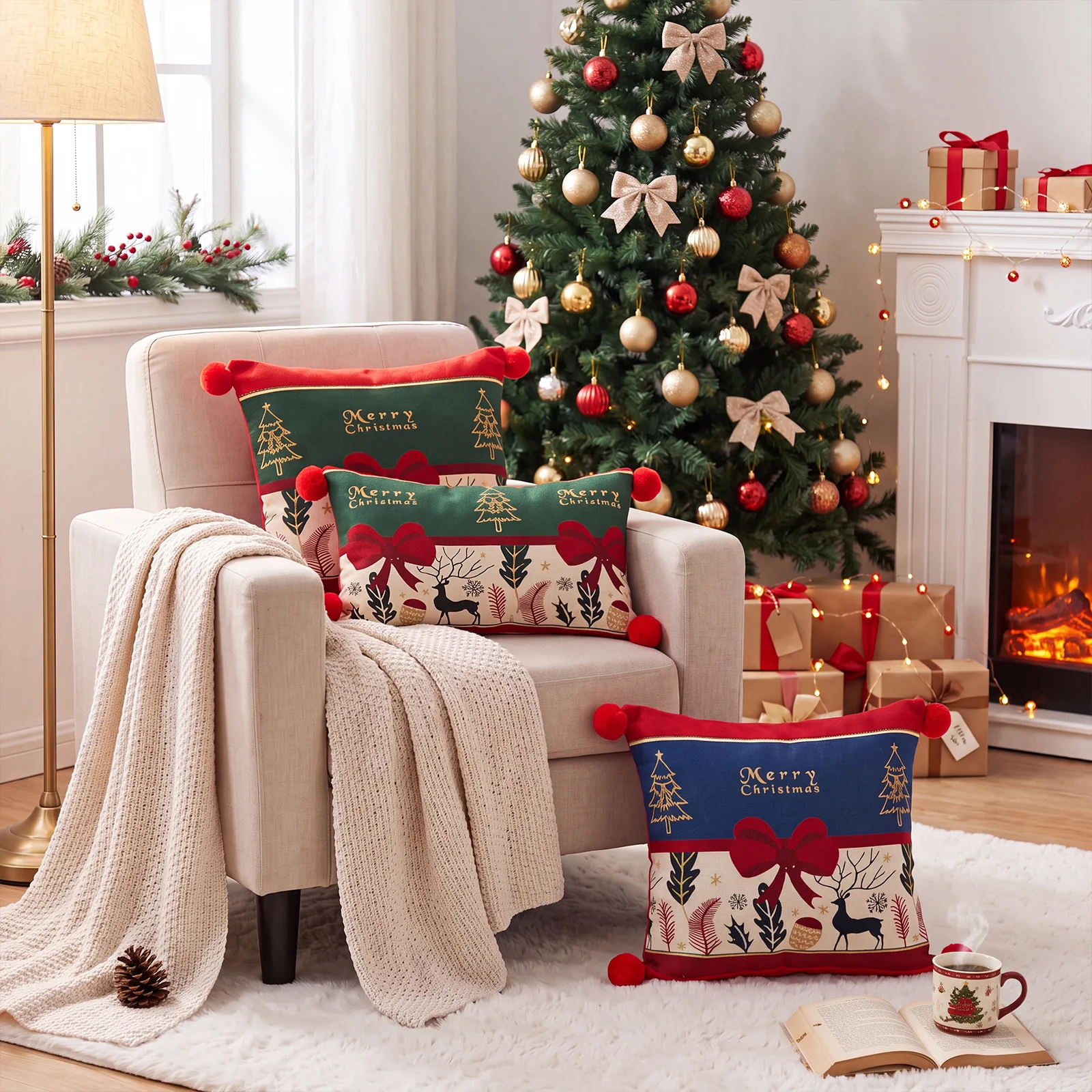 Weihnachtsroter Jacquard-Kissenbezug mit Cartoon-Elch- und Schneeflocken-Motiv, Plüsch-Sofadekoration, Kissenbezüge 45x45cm – Detail 17