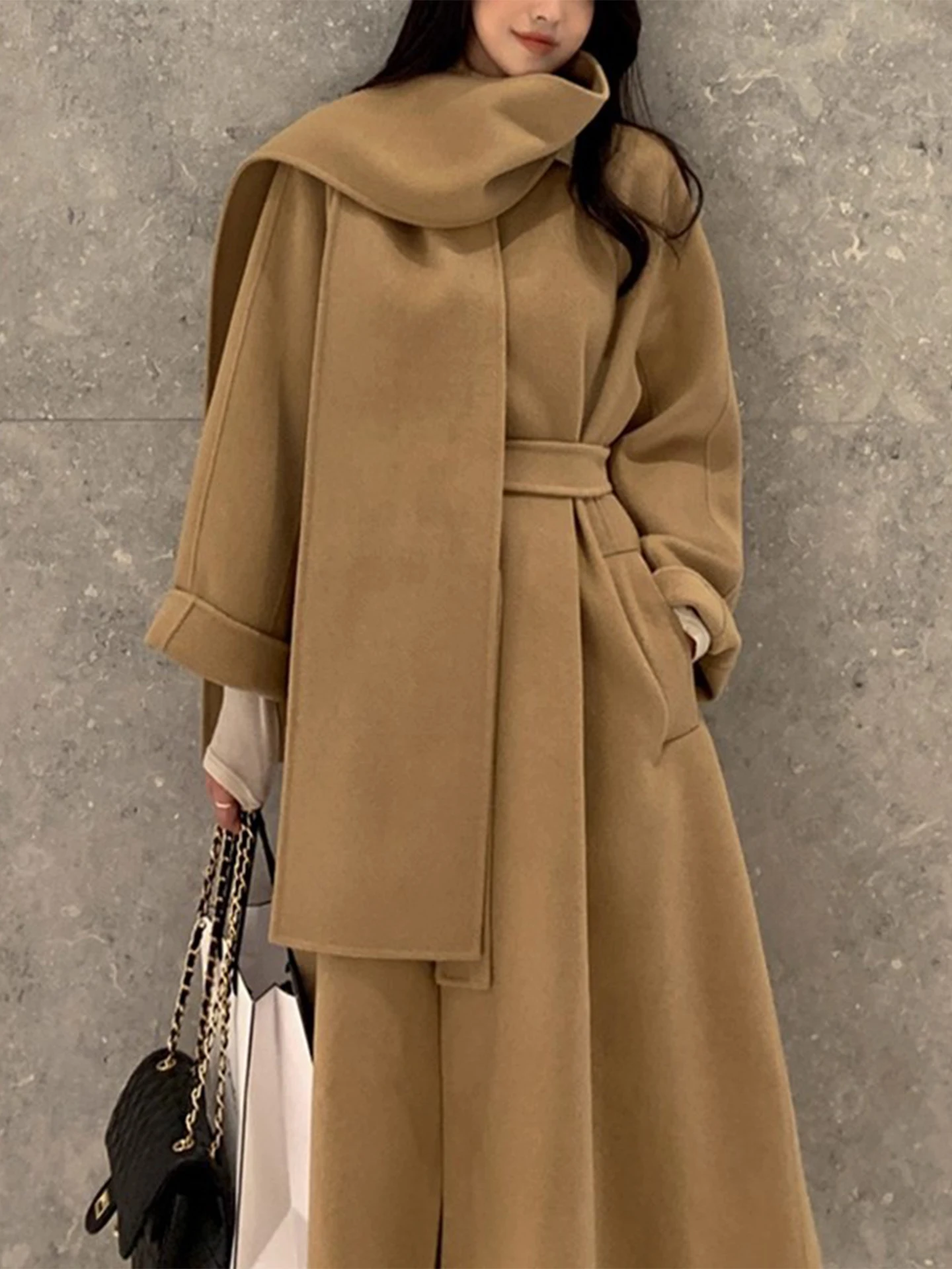 

Clothland Women Elegant Thick Long Woolen Jacket Belt With Scarf Long Sleeve Female Office Wear Winter Coats Mujer CB212