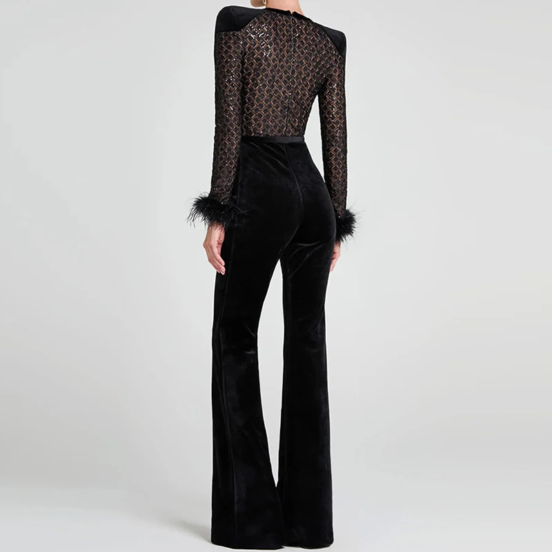 Women Patchwork Velvet Slim Party Rompers 2025 Long Sleeve Feather Combination Luxury Lattice High Waist Wide Leg Long Jumpsuit