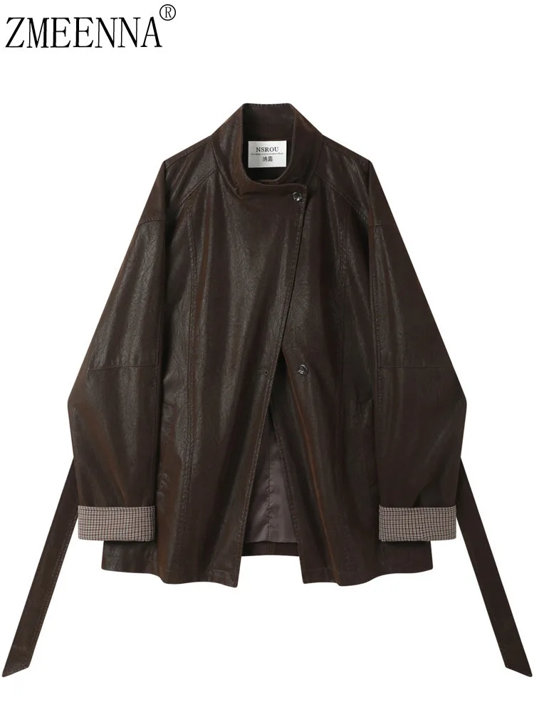 

ZMEENNA женская коричневая куртка из искусственной кожи с воротником-стойкой и одной пуговицей, шаль в клетку с манжетами, осенняя верхняя одежда ZM4280