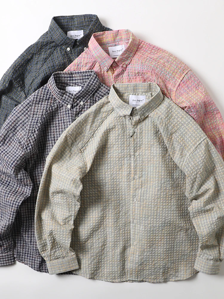

Men's Loose Fit Long Sve irt Outerwear Plaid Bubble Cloth Lightweight Casual Coat Spring Season Cool Fabric Flip Collar