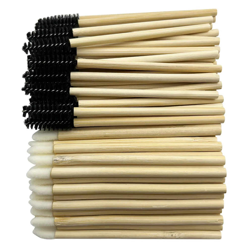 Conjunto de pincéis labiais descartáveis, 50/100 peças, cabo de bambu, pincel para cílios, batom, brilho, varinha, aplicador, ferramenta de maquiagem, aplicador de cílios