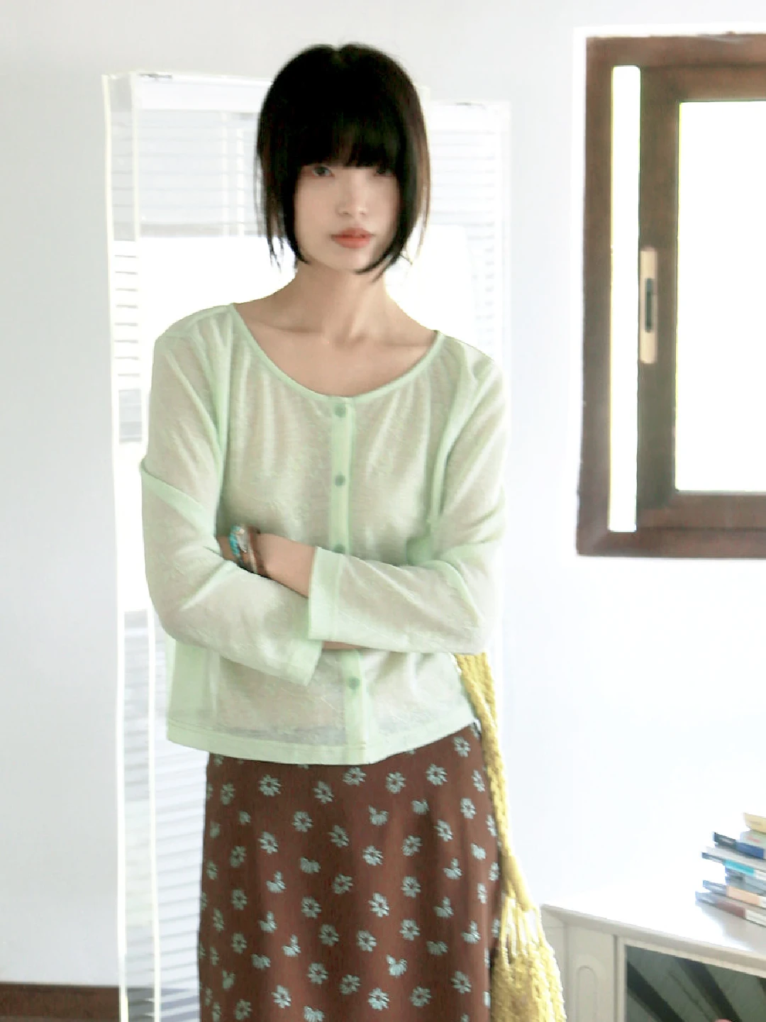 

Yann M Original Design Mint een Lace Knitted Open Cardigan Straight Slim Fit Seven Sve round Ne Fre Sle Women's Kn...