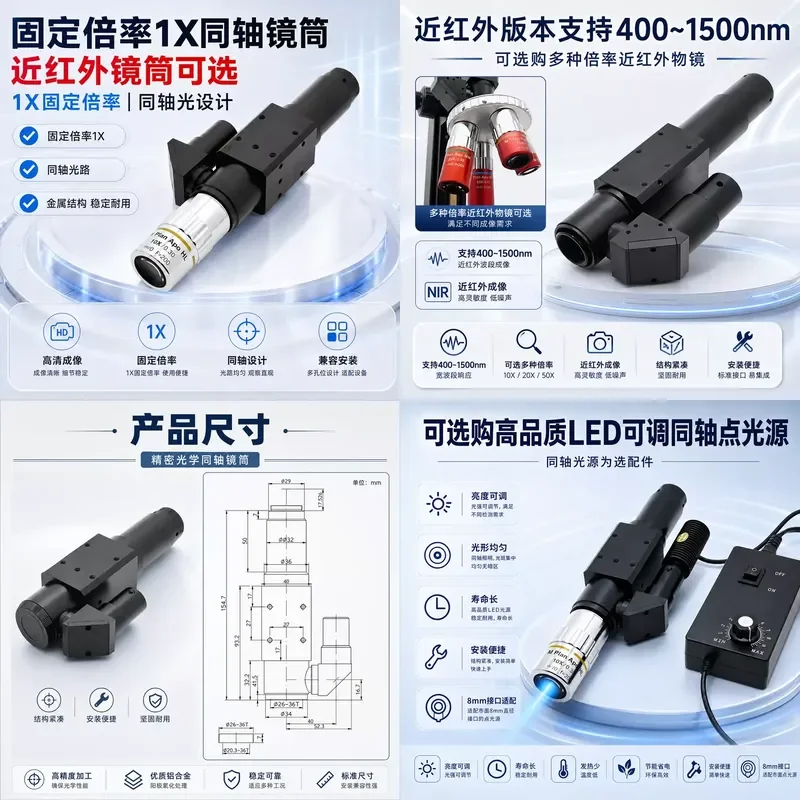 for Coaxial Epiphany Microscope Cavity Industrial Lens APO Objective Fixed Magnification 1X Lens Barrel Near Infrared NIR