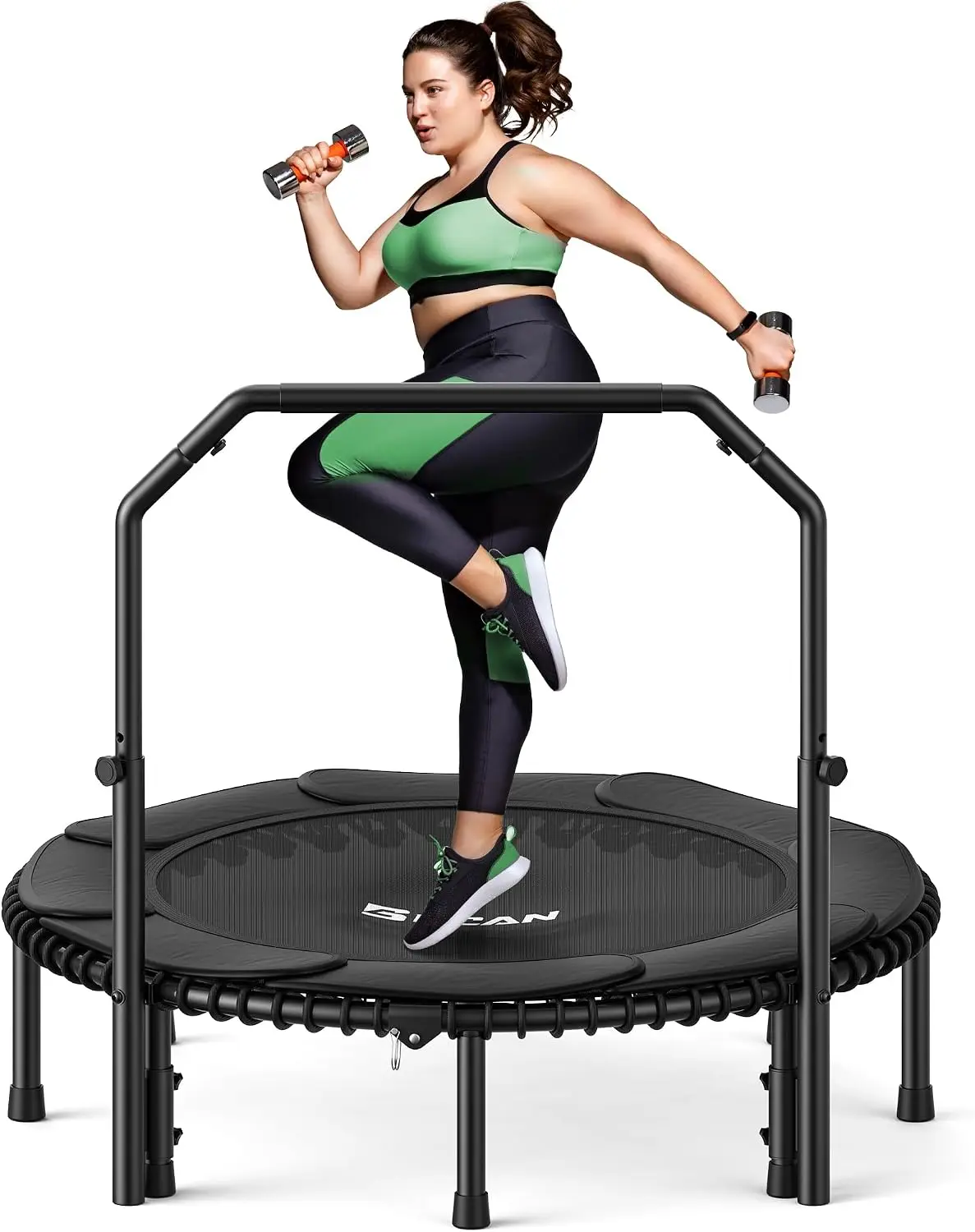 BT2 450/550LBS Mini Rebounder Trampoline for Adults with Bar, Fitness Trampoline with Bungees, Adjustable Handle, Stable & Quiet