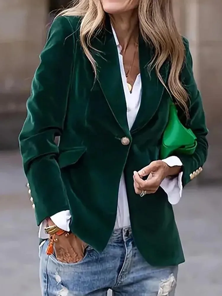 بليزرات قطيفة أنيقة للنساء بتصميم عتيق بزر واحد وياقة وسترة معطف لخريف 2025 بأكمام طويلة ملابس خارجية عصرية بسيطة #3
