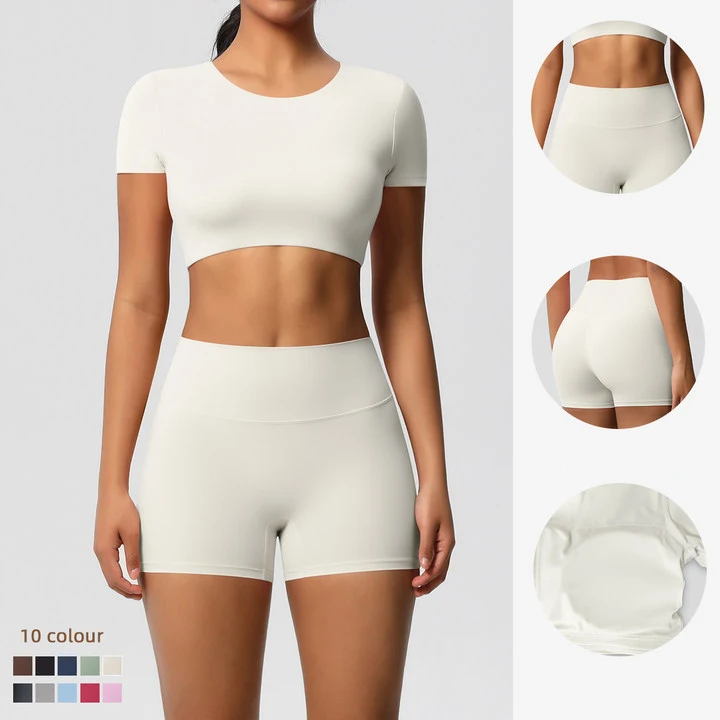Fitness Running Shorts Short Sleeve Yoga Set for Women Slim Quick Drying  T-Shirt High Stretch Breathable Yoga Shorts Sports Set
