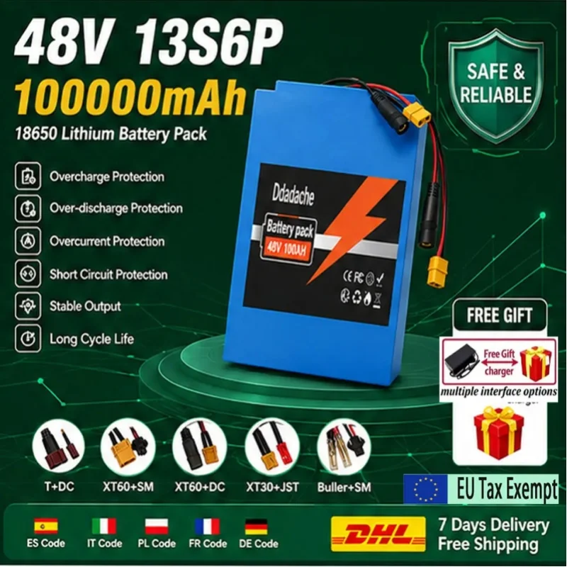 100% neu und original, 48V 100Ah 13s6p Lithium-Batteriepack, 48V 100000mAh 2000W Citycoco Motorroller-Batterien mit eingebautem 50A BMS.