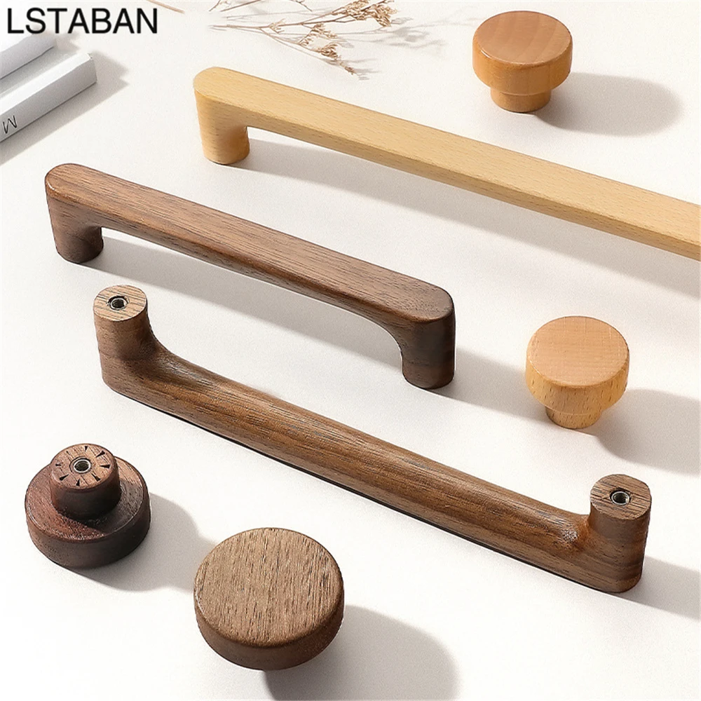 Retro Walnut Wooden Kitchen Cabinet Handle Solid Beech Cabinet Door Knob Cupboard Furniture Drawer Pull Lengthen Wardrobe Handle