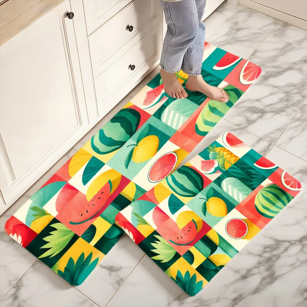 3PCS Mat Set,Home Decoration for Front Door,Kitchen,Colorful Tropical Fruit Pattern With Watermelon Pineapple Mango Kitchen Rug.