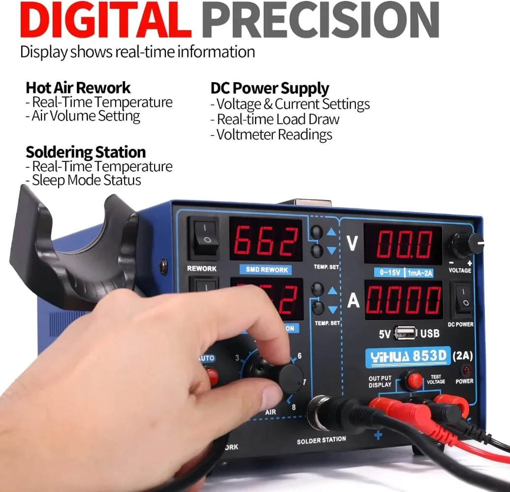 2a Usb Smd Hete Lucht Herwerken Soldeerbout Station, Dc Voeding 0-15V 0-2a, 5 V Usb Laadpoort 35 Volt Dc Spanning Test Meter