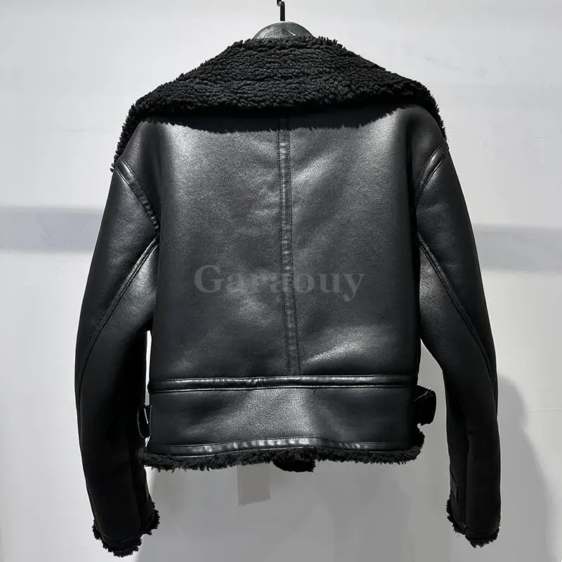 Garaouy 2023 Winter Women Black Faux Leather Lambwool Short Motorcycle Jacket Female Thicken Warm Double Sided Coat Outwear Chic