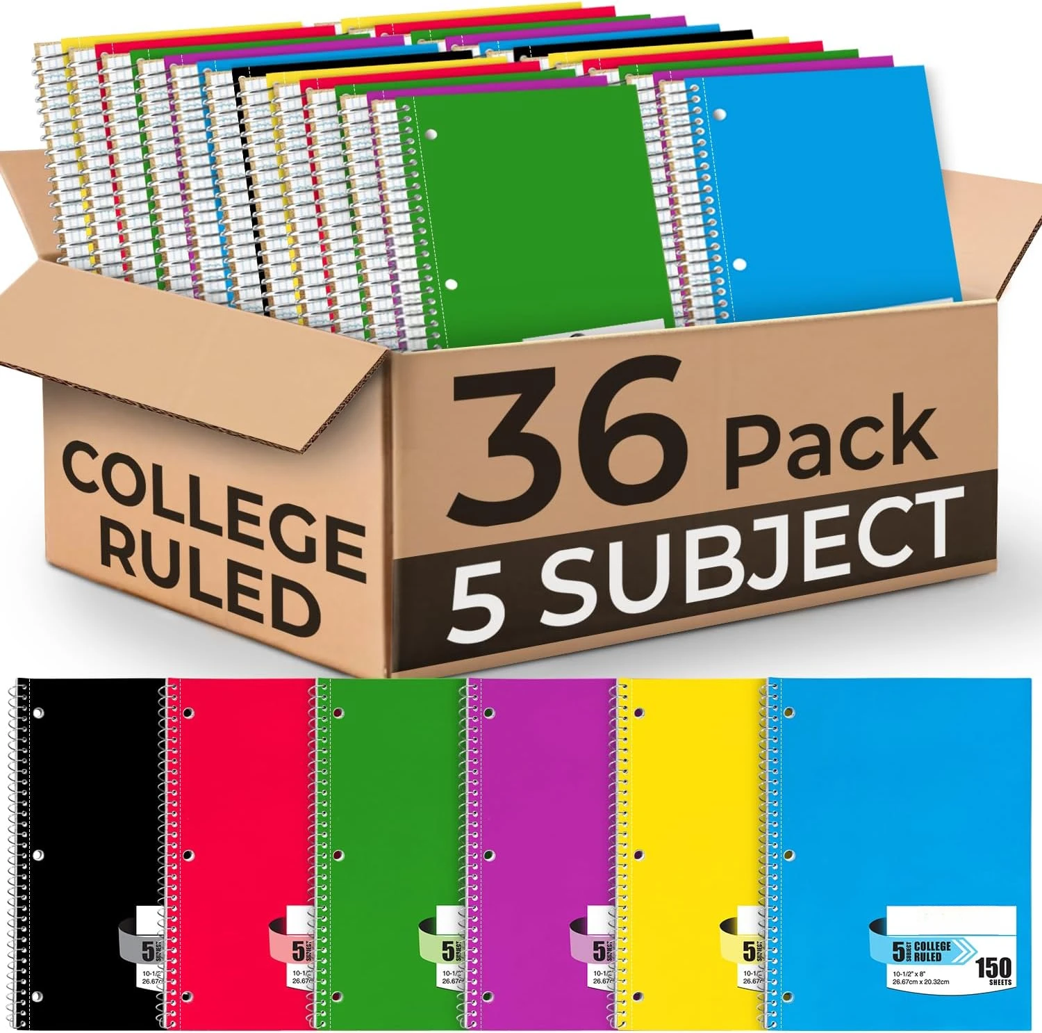 Spiral Notebook Bulk College Ruled 5 Subject Notebooks 150 Sheets 300 Pages Soft Cover Paper Journals For School Office Supplies Assorted Colors Pack Of 36