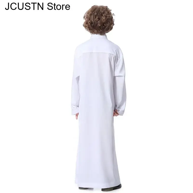 Islamico Musulmano Juba Caftano Veste Musulmano Ragazzi Robe Abito Arabo Dubai Qatar Abaya 110-160Cm Ragazzo Veste Solido Colletto Alla coreana Abito lungo