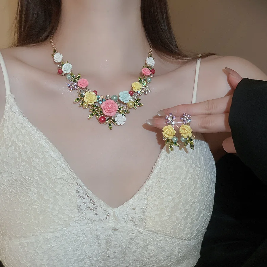 

FYUAN Pink Purple Flowers Acrylic Crystal Necklace Earrings For Women Wedding Bride Jewelry Sets Accessories