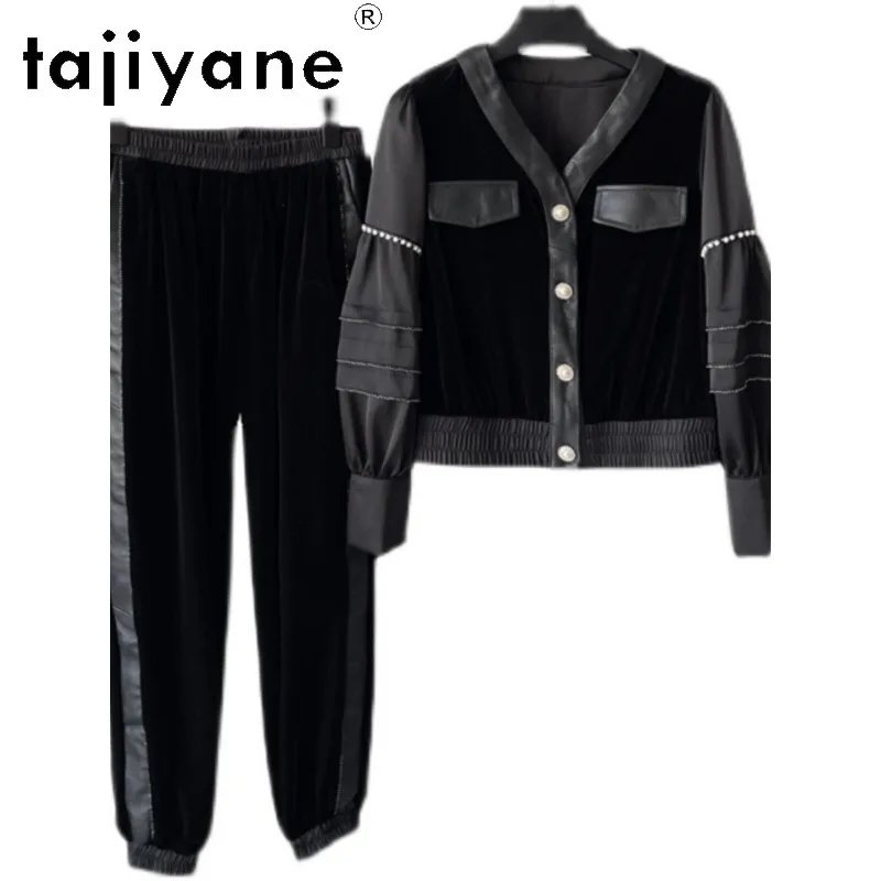TAJIYANE Genuine Leather Jacket Women Sets Sheepskin Velvet Short Coats Lantern Sleeve Outerwear V-Neck Jackets 2 Piece Sets