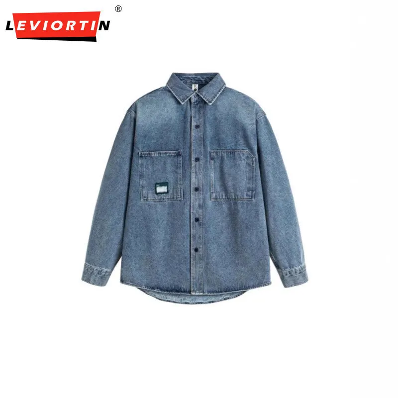 2024 autumn new Japanese retro washed casual versatile loose collar pocket decoration long sleeved shirt jacket trend S-2XL