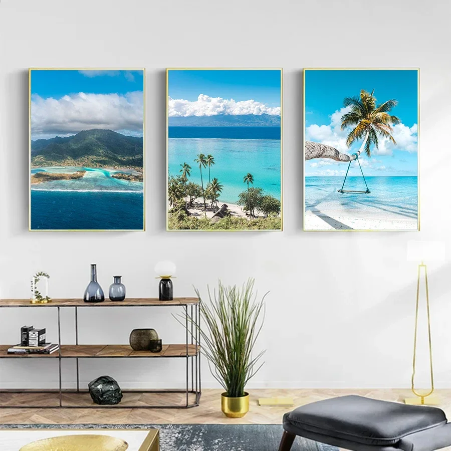 Multiple sizes 1pc frameless Canvas Painting Nordic Seascape Poster Modern Bule Sky Sea Beach Ocean View Canvas Painting Print W