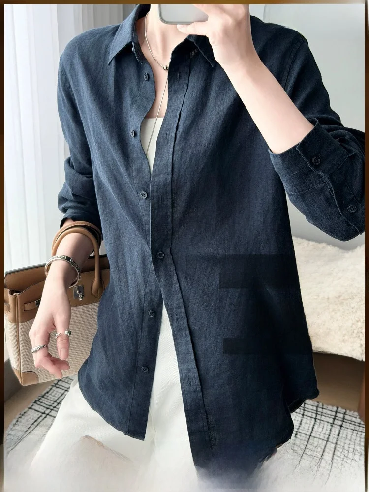 

MeiYang Han Hanma Shirt Long Sleeve Turn-down Collar Button-down Blue Casual Loose Fit Women's Spring Fashion Classic Style