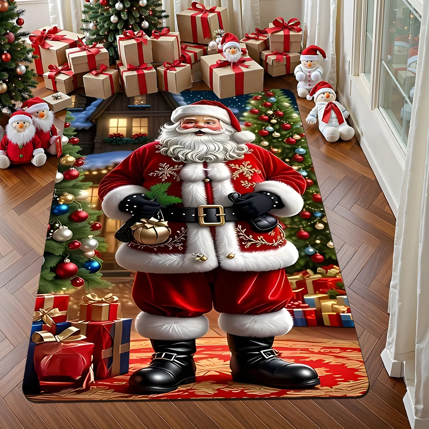 1pc 2D Flat Rectangular Floor Mat, Santa Claus And Gift Box Christmas Printed Rug, Home Decor, Suitable for Living Room