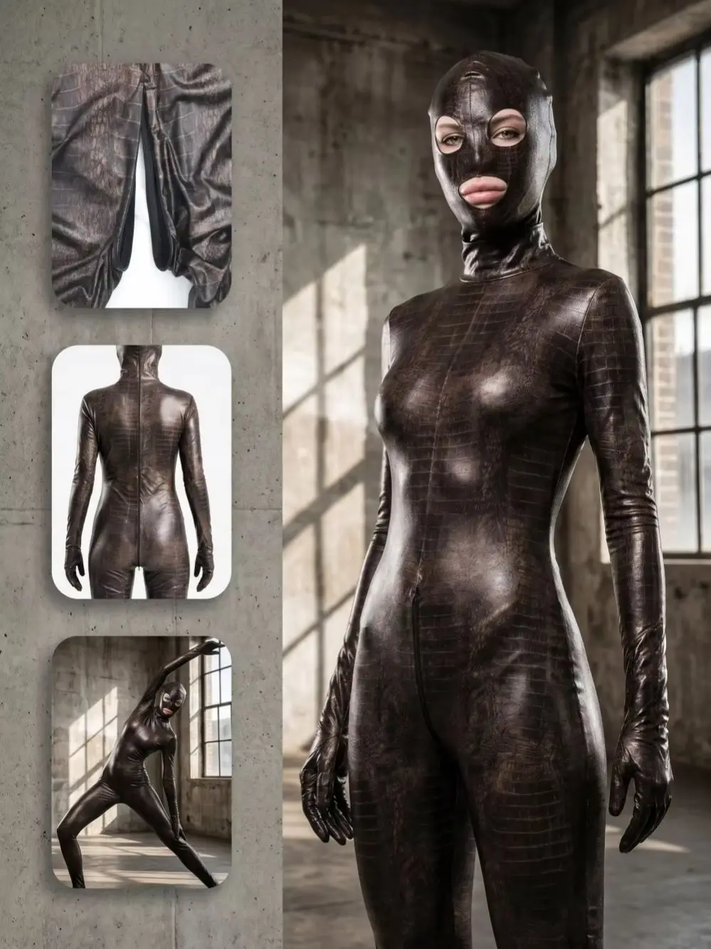 Unisex Coated Faux PU Leather Catsuit Bodystocking Hooded Zentai Zipper Crotch Bodysuit Tight Leotard Conjoined Cosplay Jumpsuit