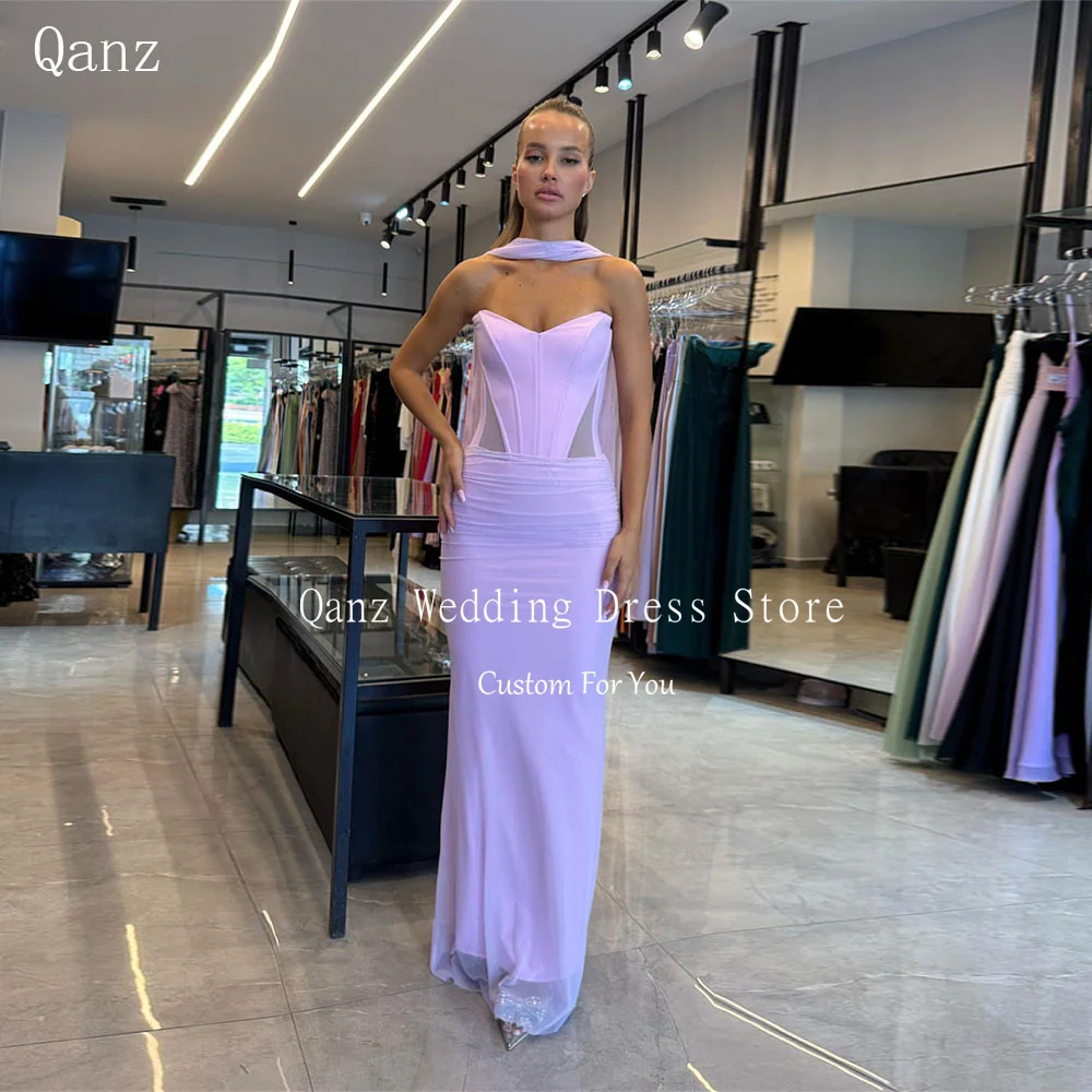 

Qanz Elegnt Lilac Mermaid Evening Dresses Chiffon Illusion Vestidos De Fiesta Ribbons Corset Back Robe De Soirée Customized