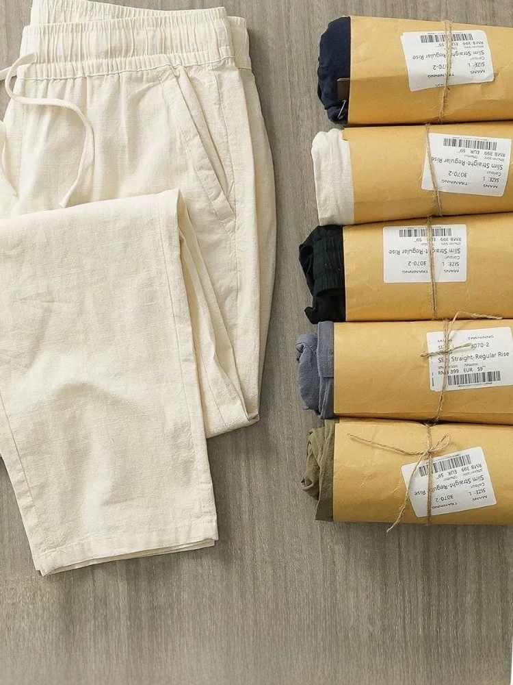Premium Cotton Linen Men's Casual Pants Breathable Moisture Wicking Cool Straight Loose Fit Spring Summer Fashion Style