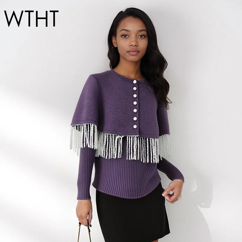 

WTHT, новая модная женская вязаная шаль, искусственный свитер из двух предметов, осень 2023, модные пуловеры с круглым вырезом и длинными рукавами, женские 1LS2594