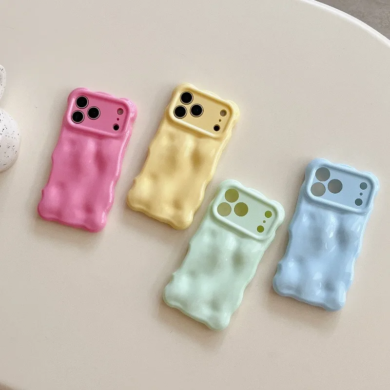 

New Korean INS Sweet Candy Color Bubble Wave Shape Phone Case For iPhone 17 16 15 14 13 12 Pro Max Plus Plain Protective Cover