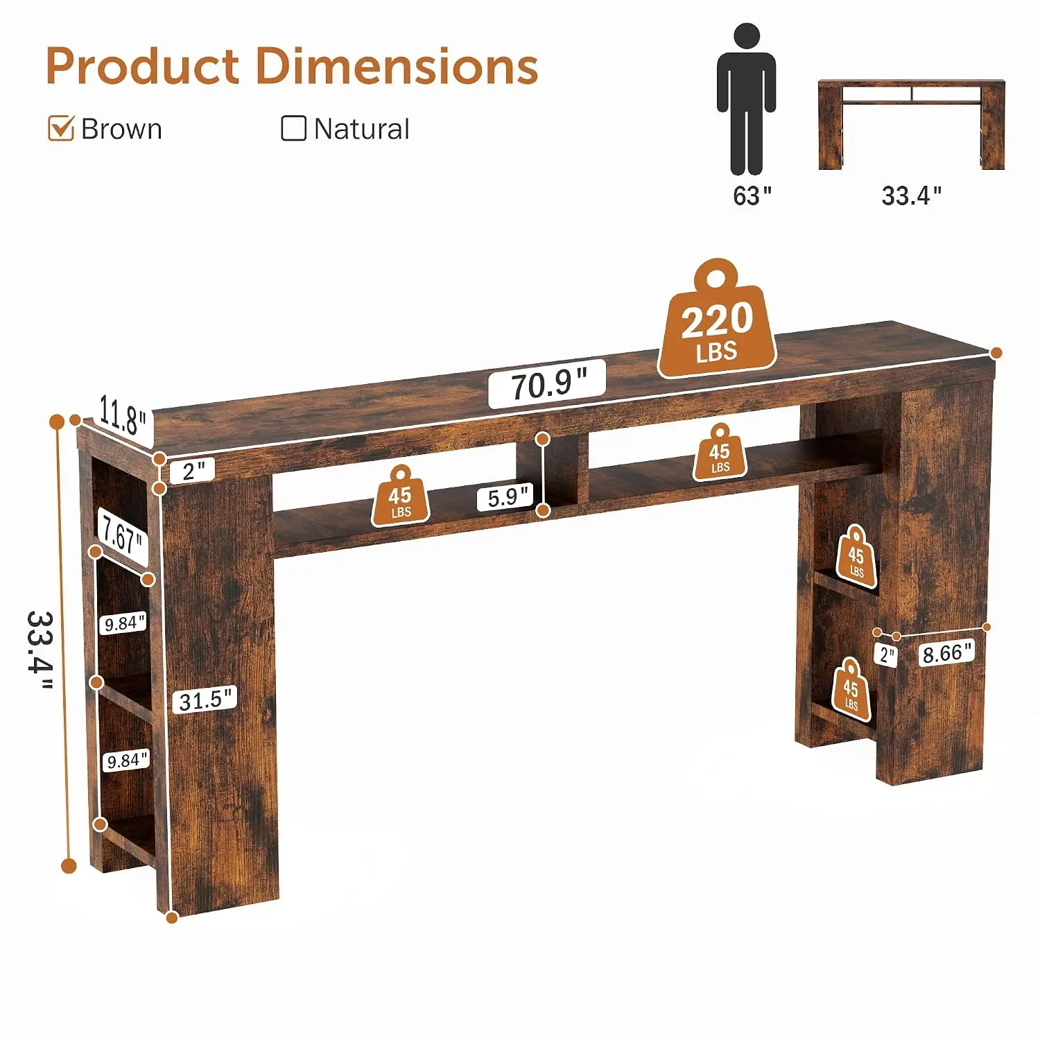 Extra Long Console Table with Outlets & USB Ports, Farmhouse Storage Shelves for Living Room Entryway Hallway, Brown, Customized