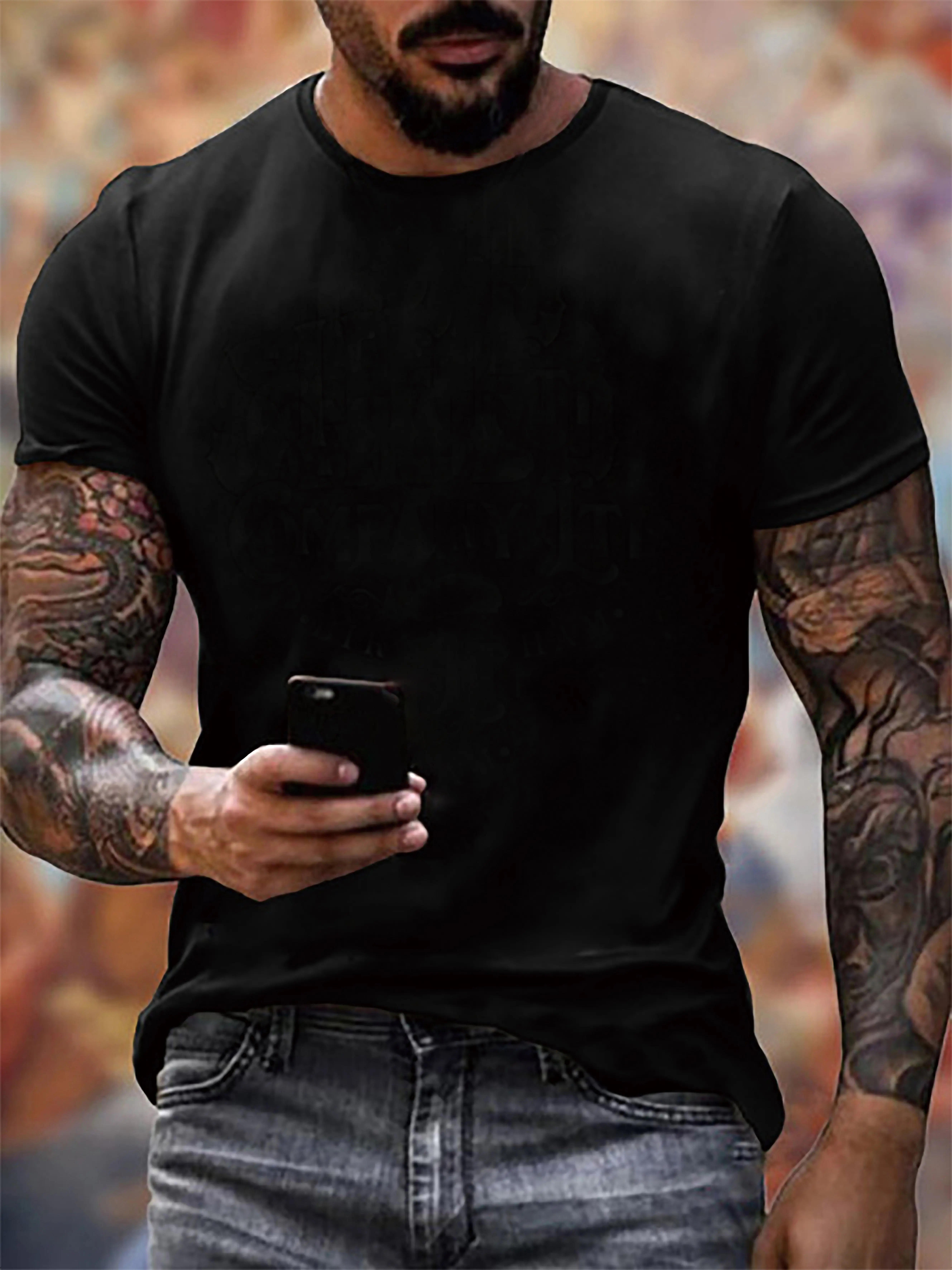 3D Digital Print Men's Casual Short Sleeve T-Shirt, Round Neck Letter Graphic T-Shirt, Men's Summer Outdoor Pullover  Top, PLUS SIZE