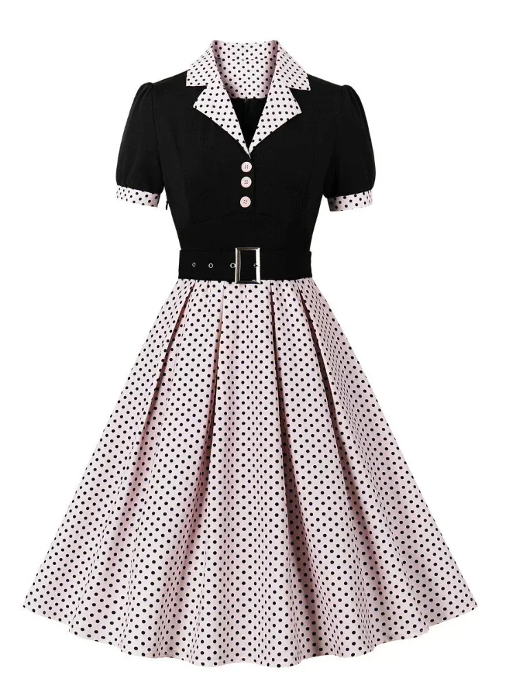 Robe plissée Vintage à pois, nouvelle mode, rétro, col cranté, élégante, manches courtes, ceinturée, années 1950 et 60, été, 202