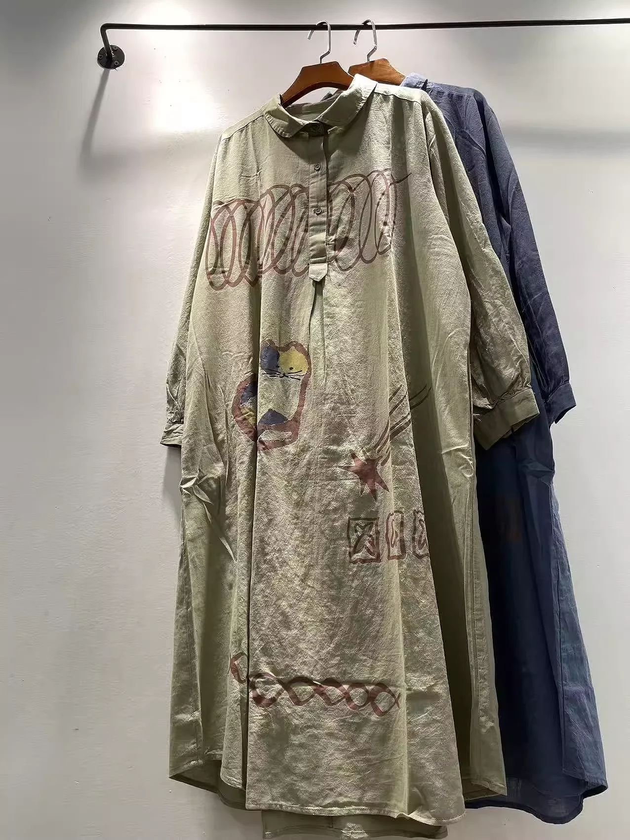 Enianechu Mori Girl Japan Stijl Puur Katoen Cartoon Kat Print Shirt Jurk voor Vrouwen Herfst Blauw Legergroen Single-breasted Jurk