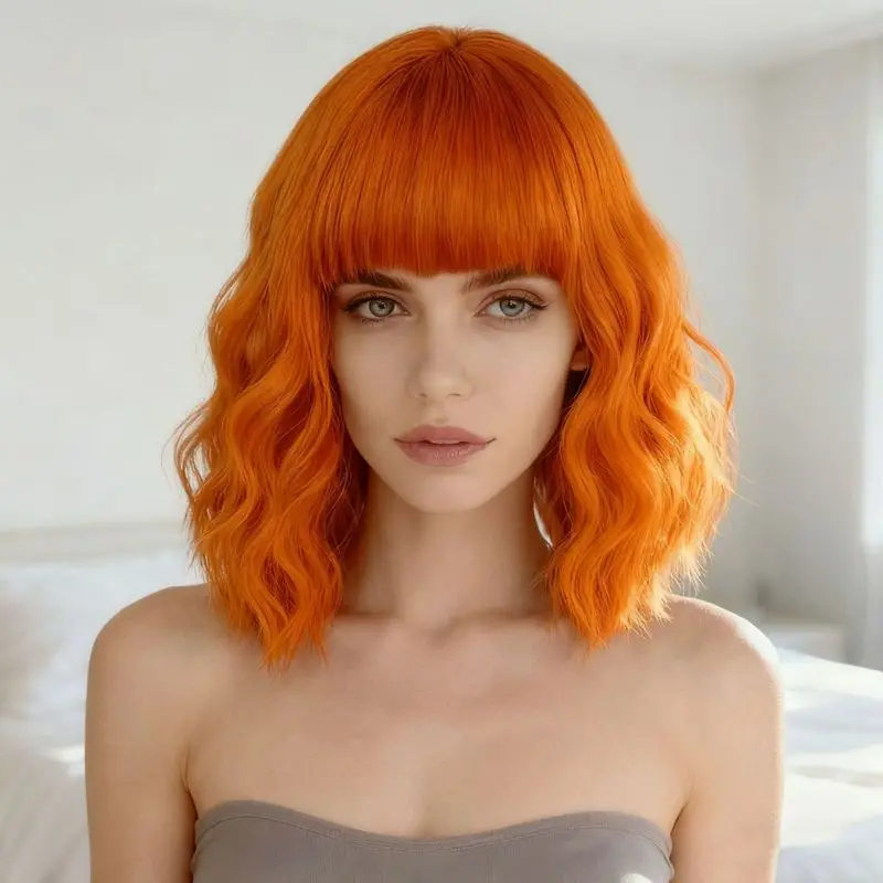 Women's short wavy wig with air bangs, bob style, medium-length wig