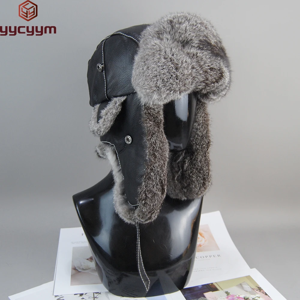 New Winter Men 100% Natural Rabbit Fur Bomber Hat Genuine Sheepskin Leather Cap Men Outdoor Windproof Super Warm Rabbit Fur Caps