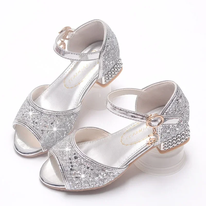 Girls Cinderella Shoes Kids Party Princess Dress Leather Wedges Girls Slip On blue pink sliver sandal Girls Shoes