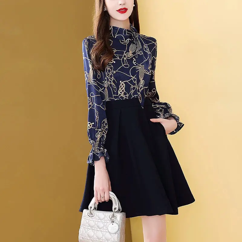 Elegant Printed Lace Up Bow Fake Two Pieces Mini Dress Women\'s Clothing 2023 Autumn Winter Loose Butterfly Sleeve Ladies Dresses