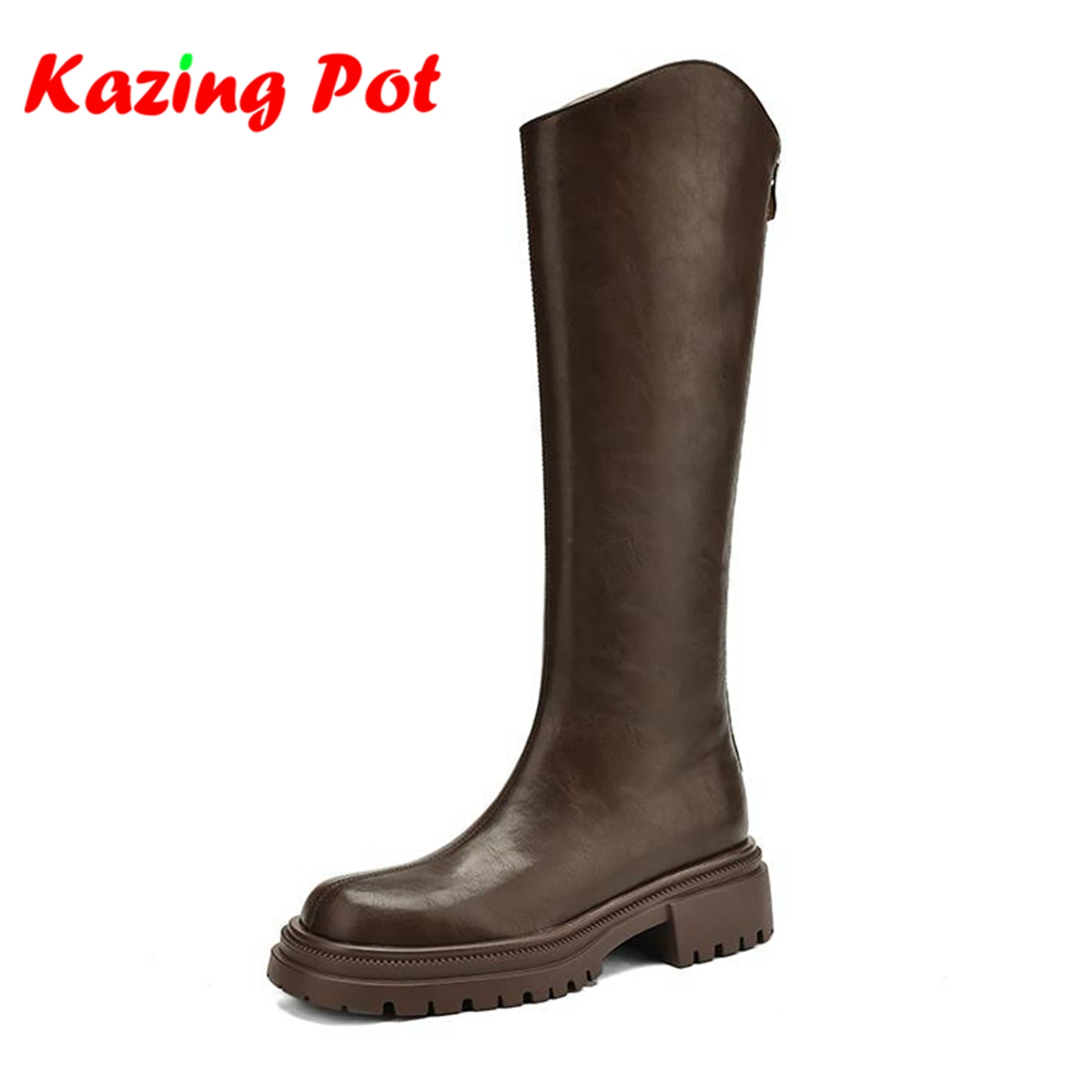 

Krazing Pot Cow Skin Round Toe Thick Heels Riding Boots Non-slip British School Zipper Handsome Keep Warm Chic Thigh High Boots