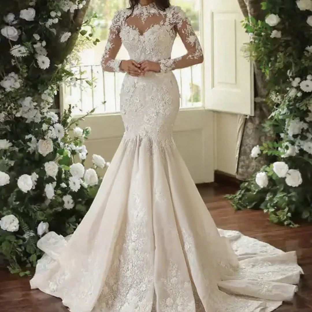 Sexy backless prinses lange mouwen hoge hals bruidsjurk luxe zeemeermin 3d bloem applique trouwjurk voor vrouw aangepast