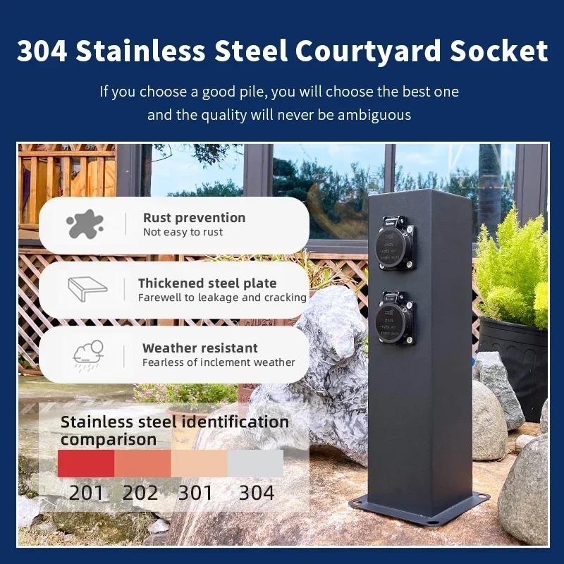 Outdoor Waterproof Socket 4 Socket Outdoor Electric Column Stainless Steel 220V Electrical Plug Rv 50 Amp Electric Box