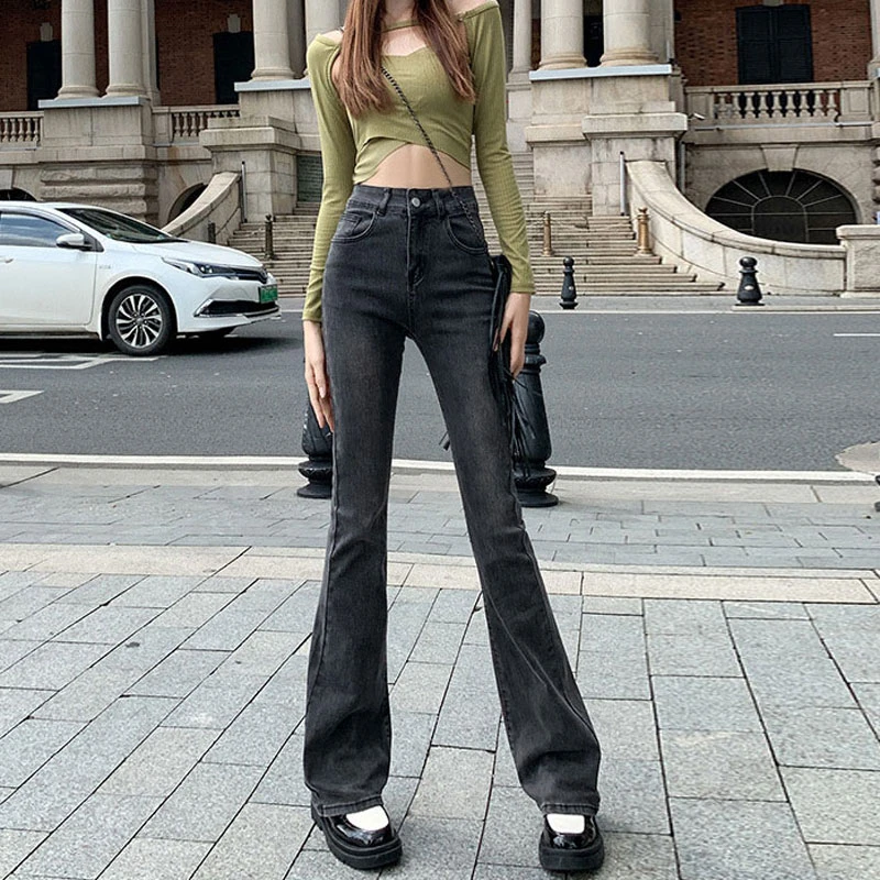 Smoke gray micro-large jeans female fall 2024 new high-waisted thin small people flared horseshoe pants spring and fall