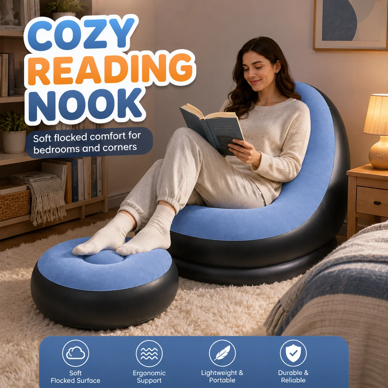 1PC Inflatable Lounge Chair with Ottoman, Portable Bean Bag Air Sofa Set, Soft Flocked PVC Lazy Sofa for Living Room Bedroom