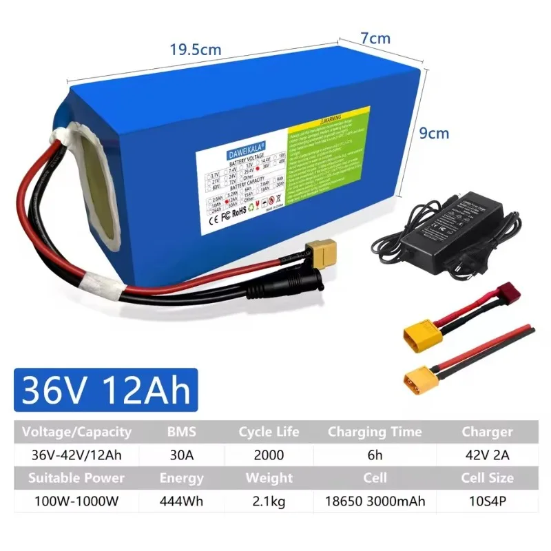 

New 36V 9AH 12AH 15AH 18AH Rechargeable Lithium Battery Pack 100-1300W Electric Motorcycle Scooter Bicycle with BMS Battery Pack