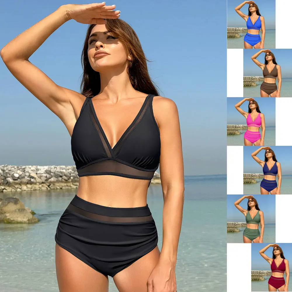 المرأة شبكة عالية الخصر بيكيني مجموعة مثير الخامس الرقبة البطن التحكم ملابس السباحة المايوه #1
