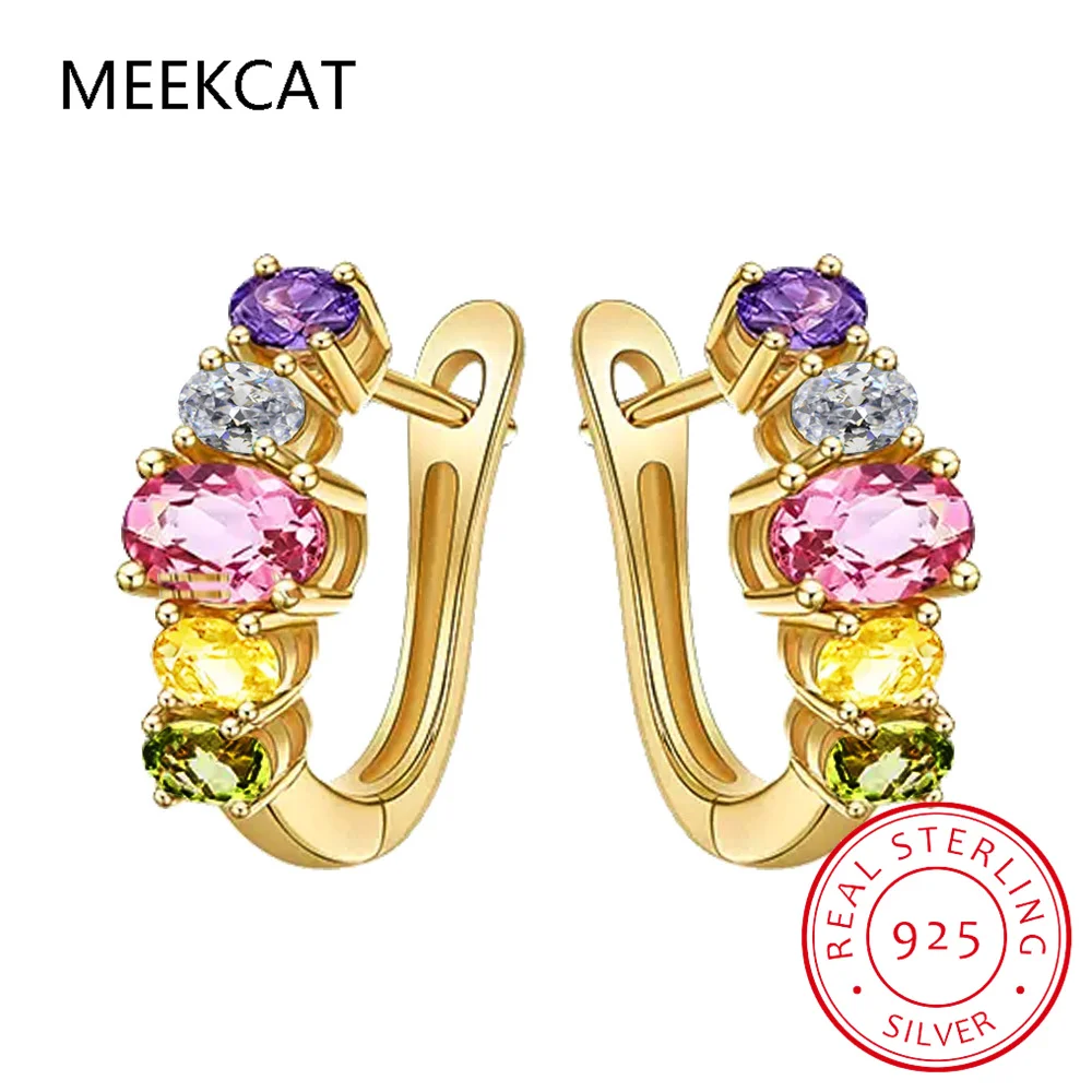 

Серьги-кольца из стерлингового серебра 925 пробы с натуральными камнями: цитрин, перидот, аметист, розовый сапфир, овальной огранки, для женщин, красочные ювелирные изделия с драгоценными камнями